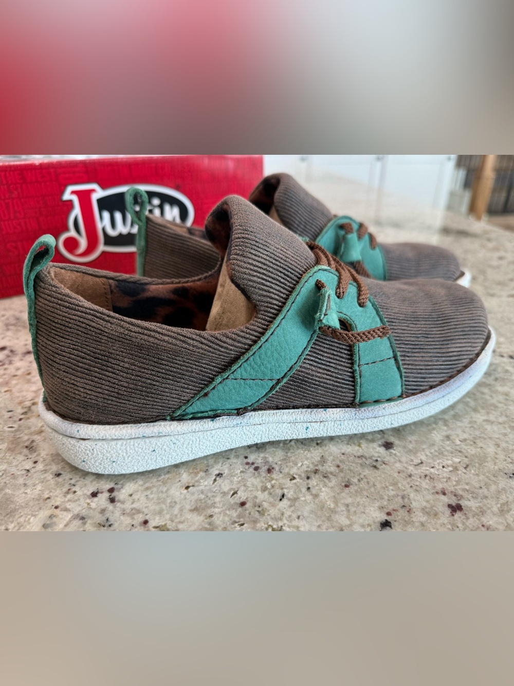 Justin Boots Brown Corduroy Casual Women's Shoes with Turquoise Leather Accents